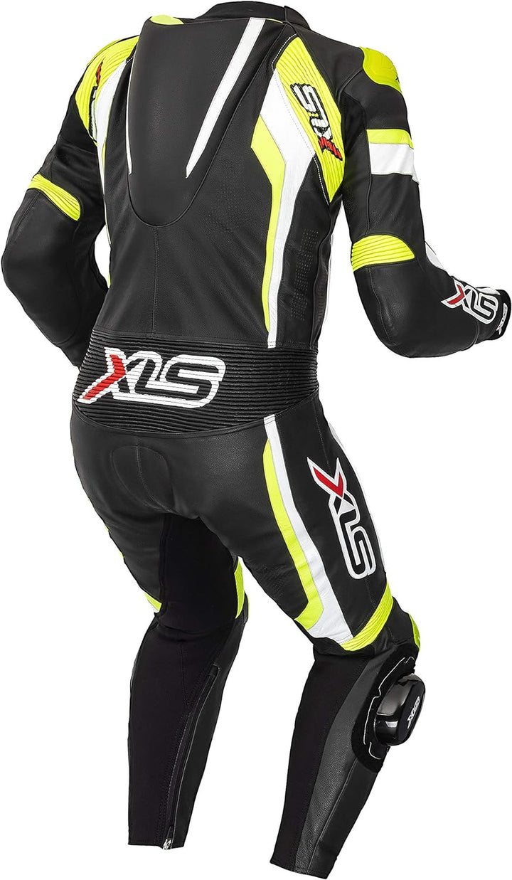 XLS Lederkombi hochwertiger Einteiler Schwarz Weiss Neongelb Motorradkombi einteilig (48), 48