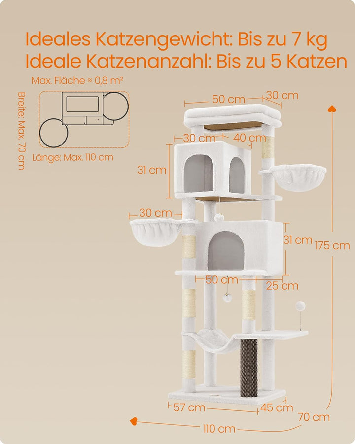 Feandrea Kratzbaum, 175 cm hoch, XL, mehrstöckiger Katzenbaum mit 2 Höhlen, 2 Liegemulden, 5 Kratzsä