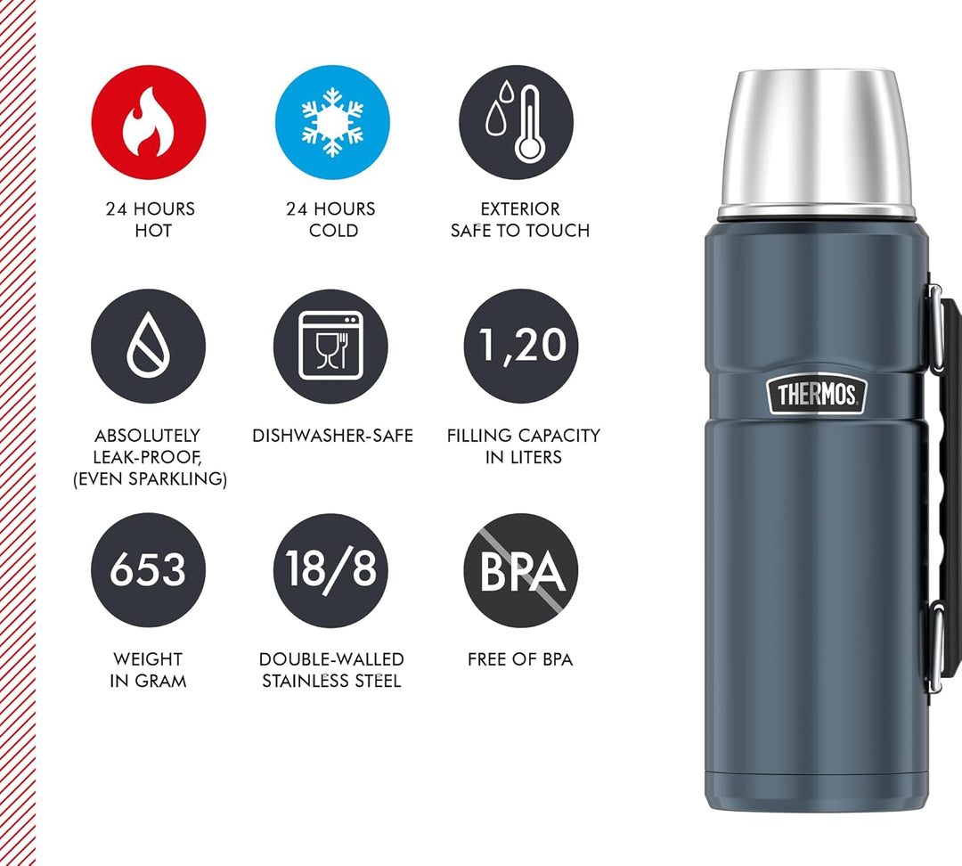 THERMOS STAINLESS KING Thermosflasche ice grey 1,20l - Edelstahl, absolut dicht, mit Trinkbecher und