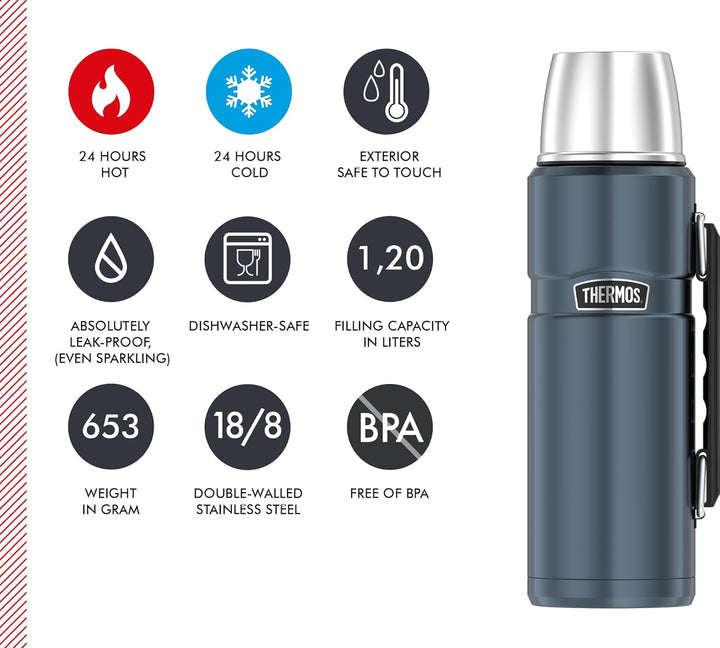 THERMOS STAINLESS KING Thermosflasche ice grey 1,20l - Edelstahl, absolut dicht, mit Trinkbecher und