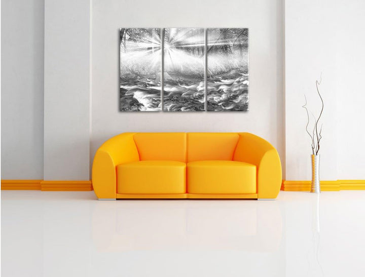 Pixxprint Nebeldickicht im Wald / 3-Teilig/Gesamtmass 120cm Leinwandbild bespannt auf Holzrahmen/Wan