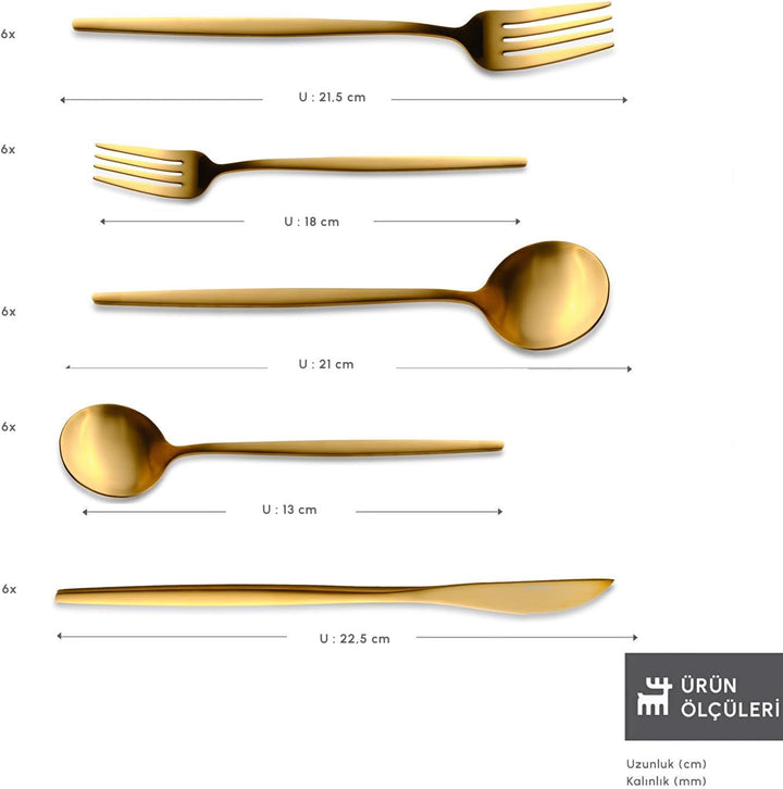 Karaca Orion Bestecksets - Edelstahl Besteck Set für 6 Personen, Gold Besteckset 30-teilig Messer Ga