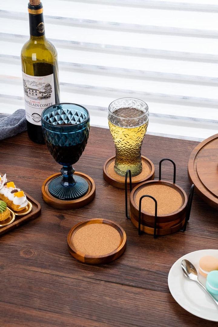 Holz Untersetzer Rund für Gläser 6er Set, Glasuntersetzer aus Akazienholz und Kork mit Halter, Unter