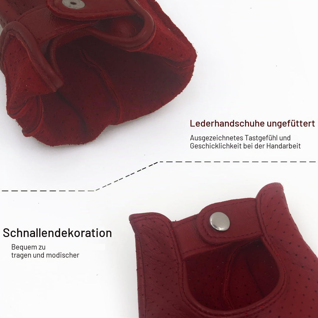 ZLUXURQ Damen-Lederhandschuhe Vollmaschige Fingerlose Halbfinger-Fahrhandschuhe X-Large-8" Rot, X-La