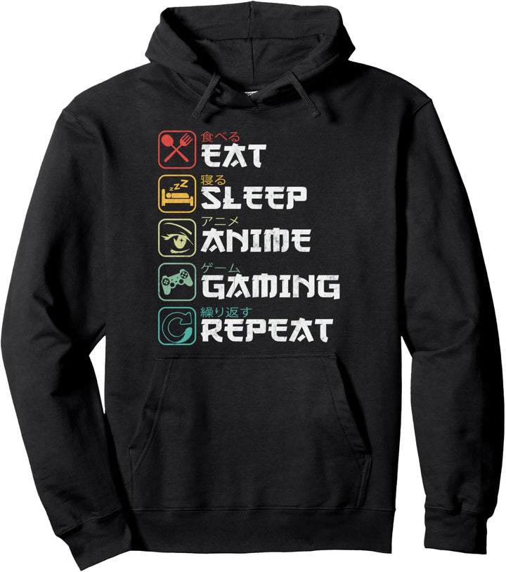 Eat Sleep Anime-Gaming-Wiederholung, Retro-Otaku-Anime-Manga Pullover Hoodie