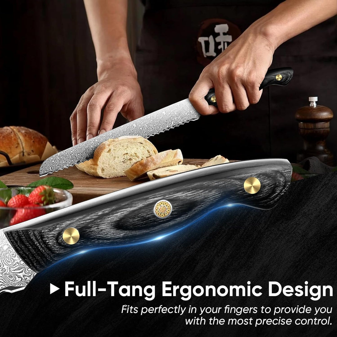 Purple Dragon Damast brotmesser wellenschliff - Sägemesser Brot mit VG10 Kernen - Tomatenmesser mit