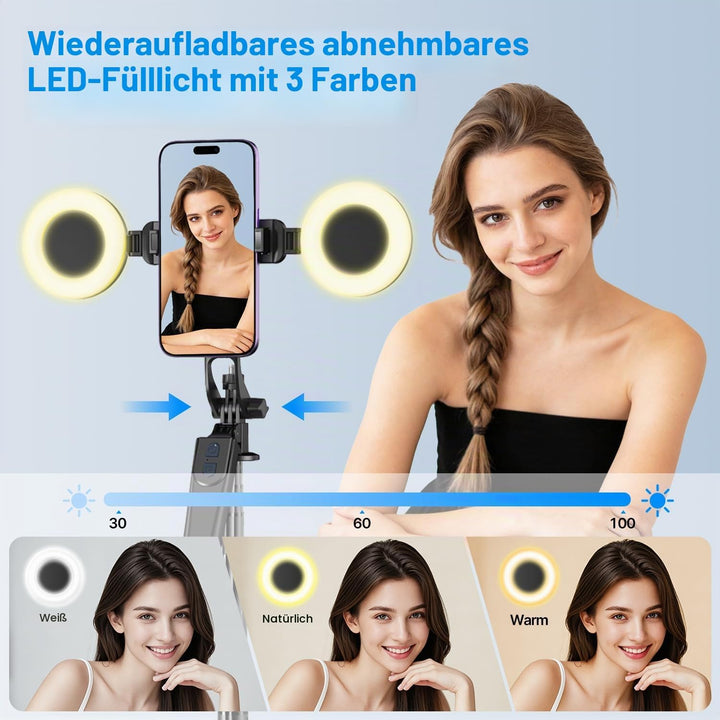 yAyusi Vlogging-Kit für iPhone/Android, 180 cm Ausziehbares Selfie-Stick-Stativ mit Licht, Fernbedie