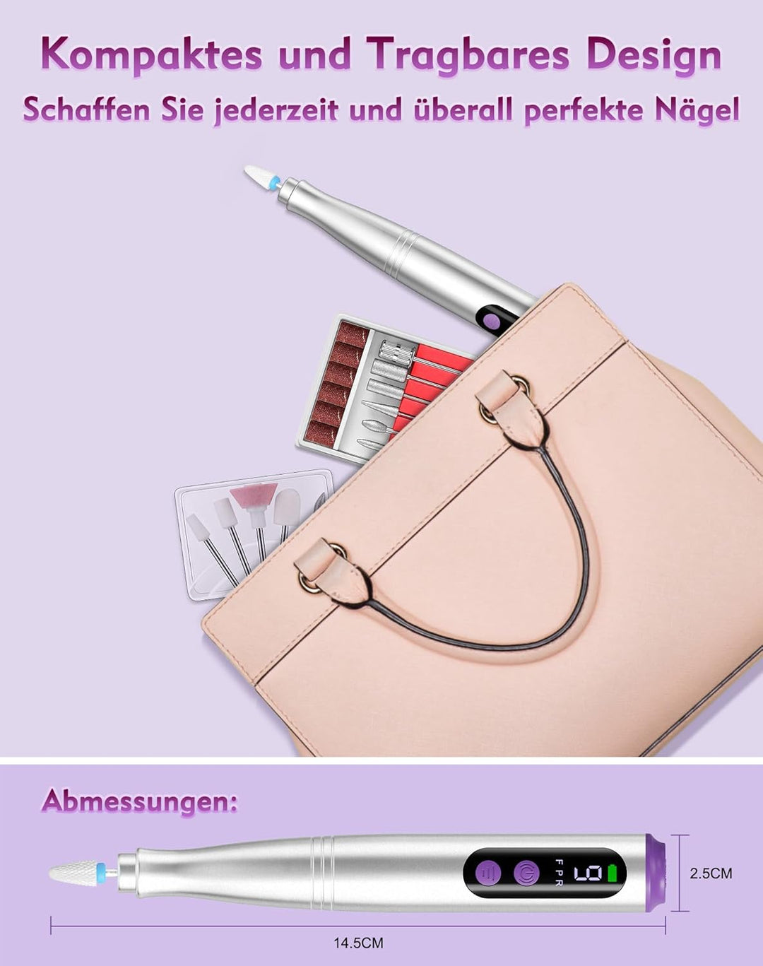 Nagelfräser Kabellos, 12 in 1 Elektrische Nagelfeile 9 Verstellbare Geschwindigkeit Fräser für Gelnä
