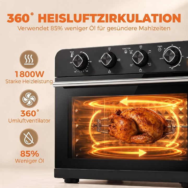 HOMCOM Heissluftfritteuse 36 Liter Mini Backofen mit Umluft, Backblech, Rost