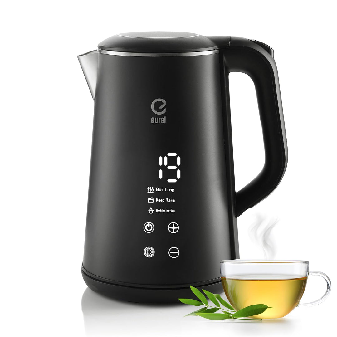 EUREL GV74 Wasserkocher, 1,6L Edelstahl, Schwarz | Temperatureinstellung, LED-Touch-Display, Tempera