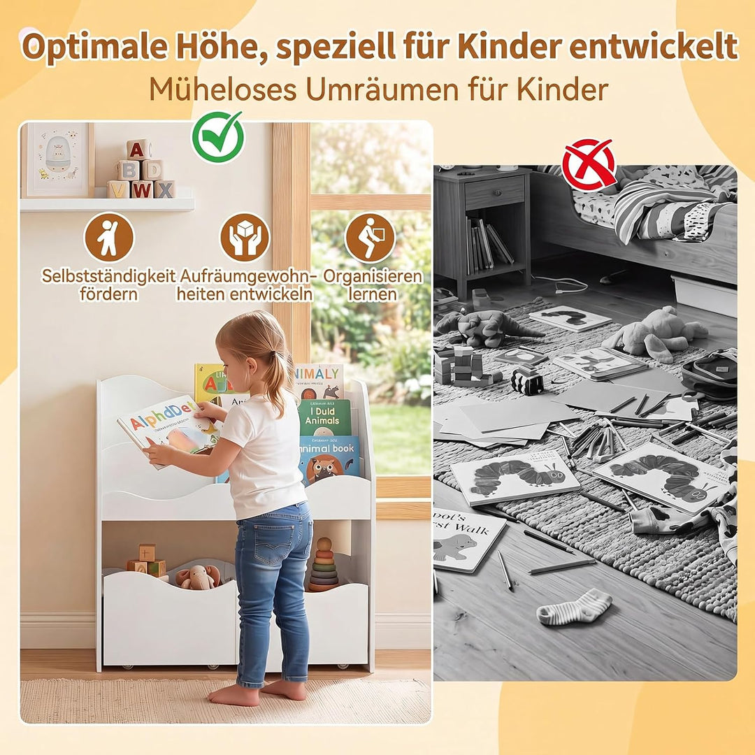 COSTWAY Kinderregal mit 2 Boxen auf Rollen (Weiss) | Bücherregal Kinder mit 3 wellenförmigen Ebenen,