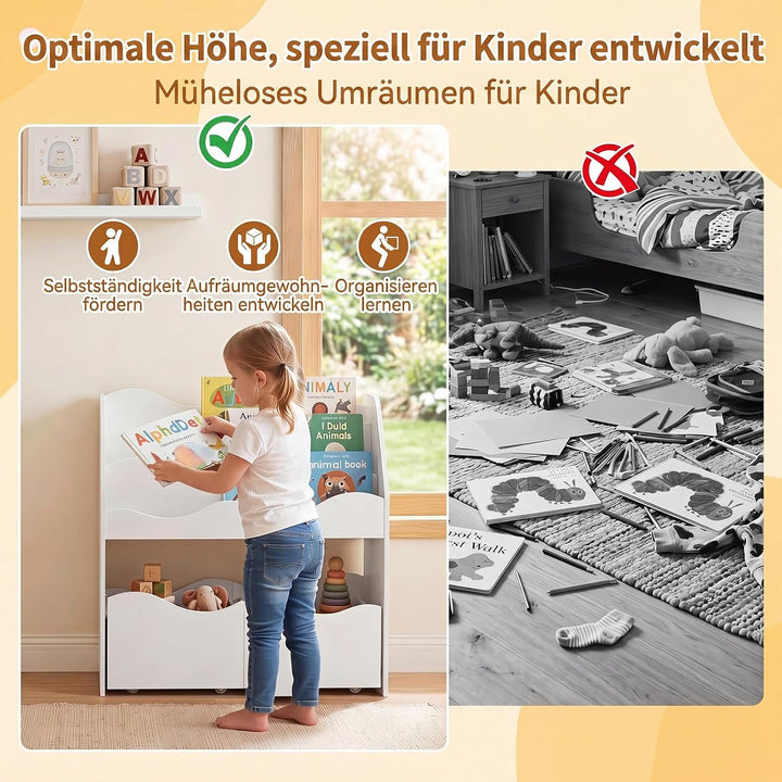 COSTWAY Kinderregal mit 2 Boxen auf Rollen (Weiss) | Bücherregal Kinder mit 3 wellenförmigen Ebenen,