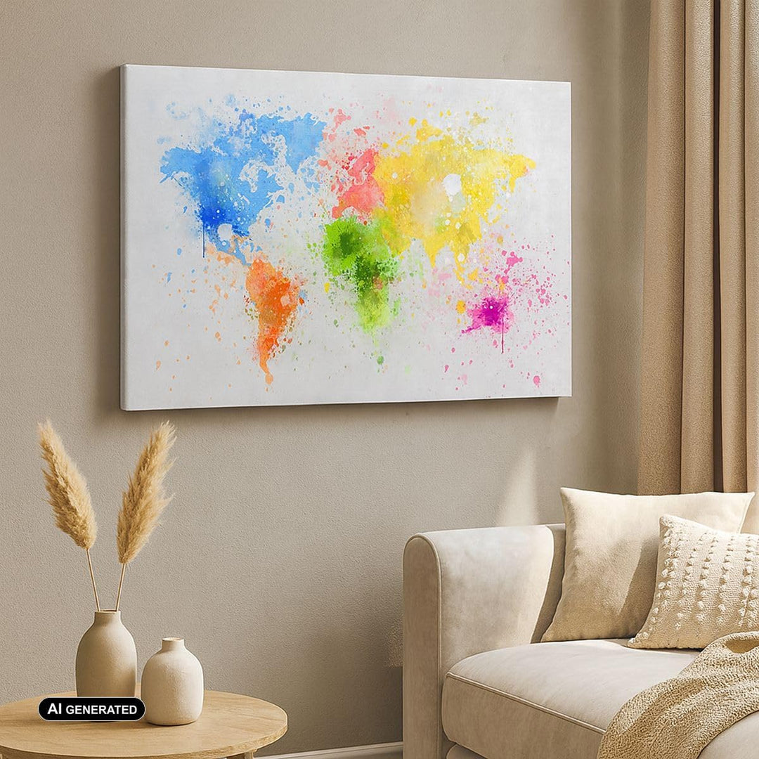 Bilder auf Leinwand Karte Welt modern Leinwandbild mit Rahmen 70x50cm Wandbilder Dekoration Wohnzimm