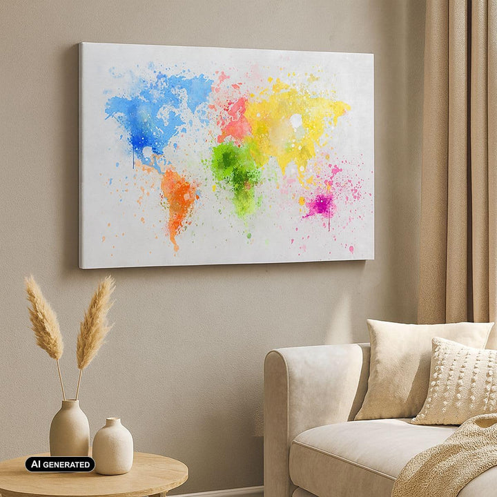 Bilder auf Leinwand Karte Welt modern Leinwandbild mit Rahmen 70x50cm Wandbilder Dekoration Wohnzimm