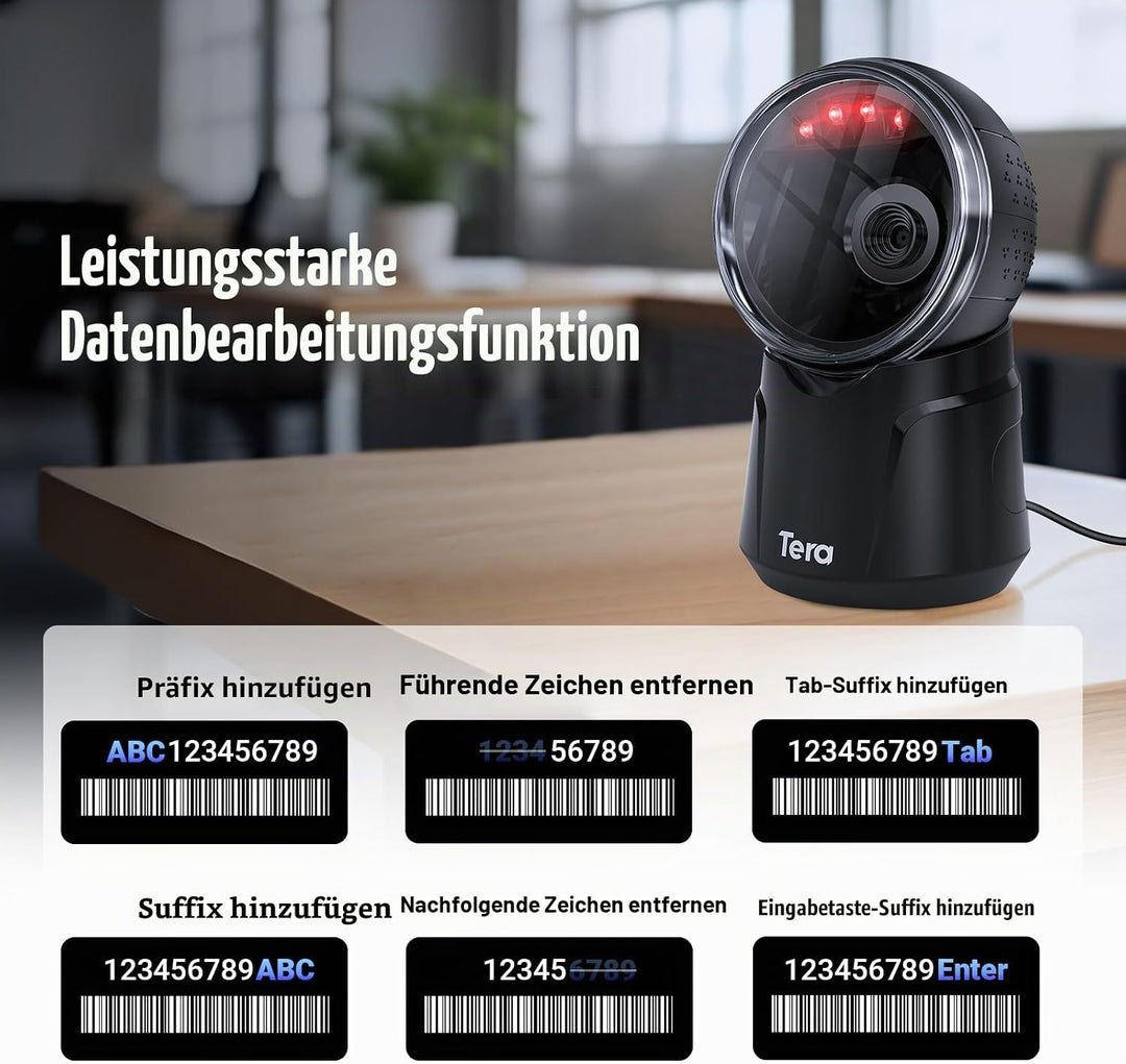 Tera Barcode-Scanner Desktop Omnidirektional: 1D 2D QR Freihändiger USB-Verdrahteter Barcodescanner
