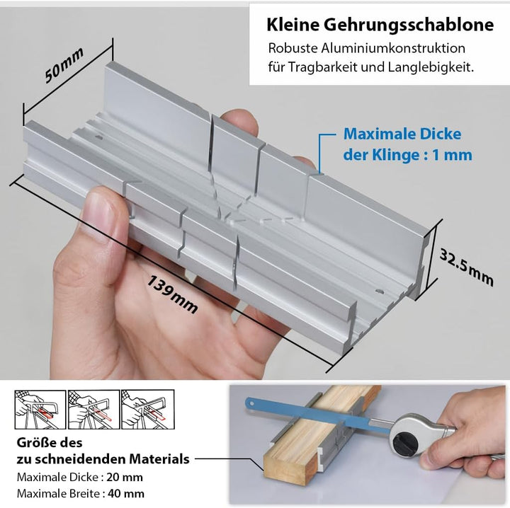 FIRSTINFO H5442 | Gehrungslade aus Aluminium – Kompakte Metall 140 x 50 x 33 mm | 3 Schnittwinkel fü