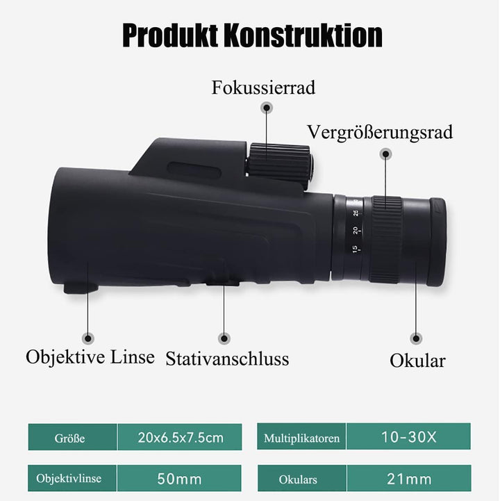 Monokular Teleskop 10-30x50 ED Zoom Monokulare Nachtsicht, IPX7 Stickstoffgefüllt und Wasserdicht mi