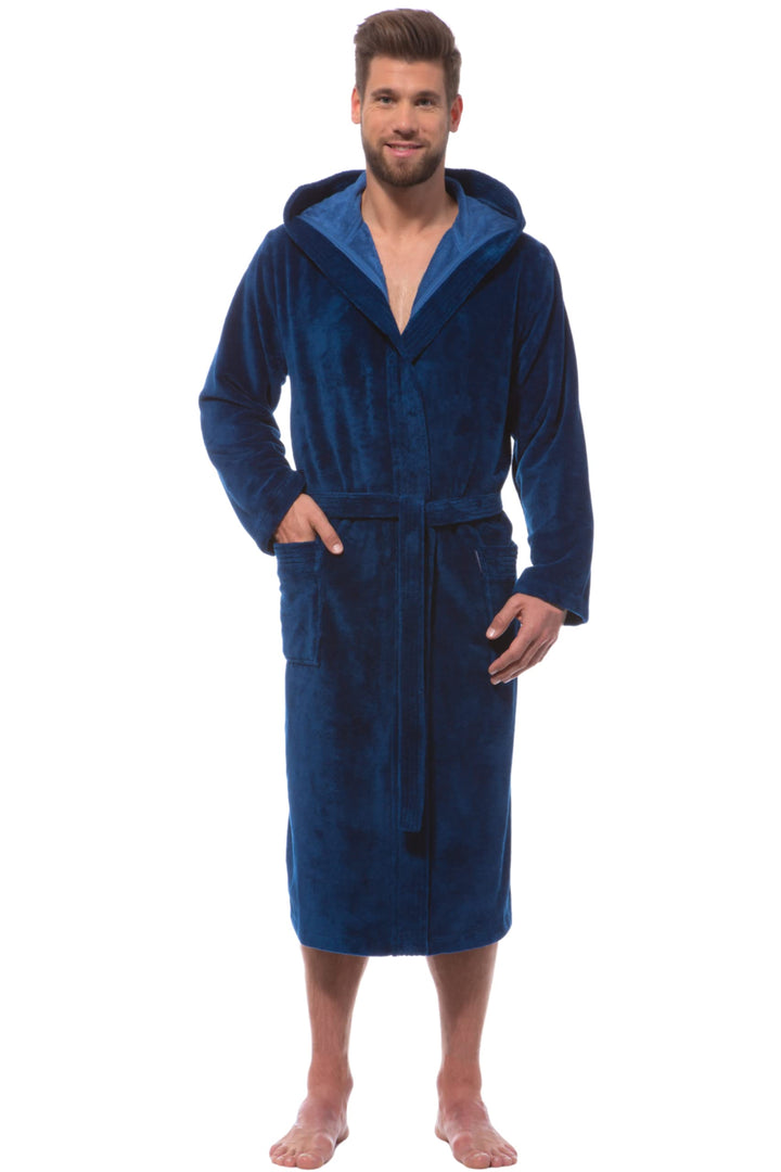 Morgenstern Bademantel Herren mit Kapuze Luxus Frottee Velours Lang M Marine, M Marine