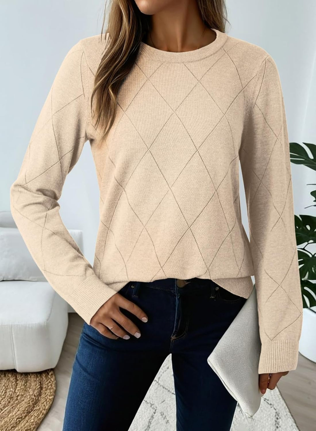 Dokotoo Pullover Damen Herbst Winter Wollmischung Rundhals Strickpullover Oberteile Langarm Warm Pul