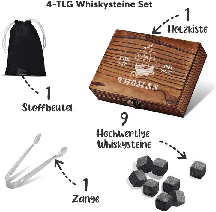 4-TLG Whisky Steine Set personalisiert - 9x Eiswürfel, 1x Holzkiste, 1x Zange und 1x Stoffbeutel - w