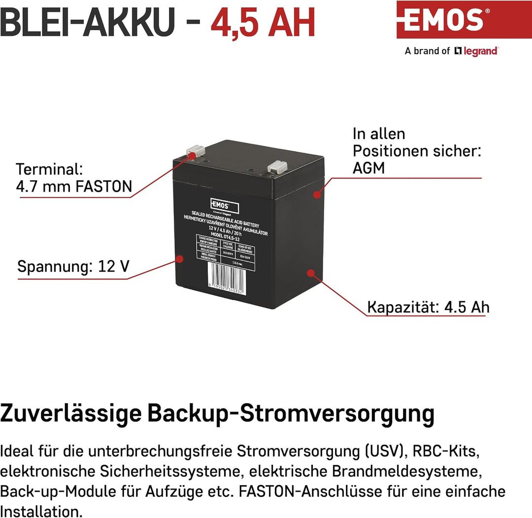 EMOS - Wartungsfreier Bleiakku - 12V 4,5Ah - AGM Batterie - Faston 4,7mm Anschluss - Für Notbeleucht
