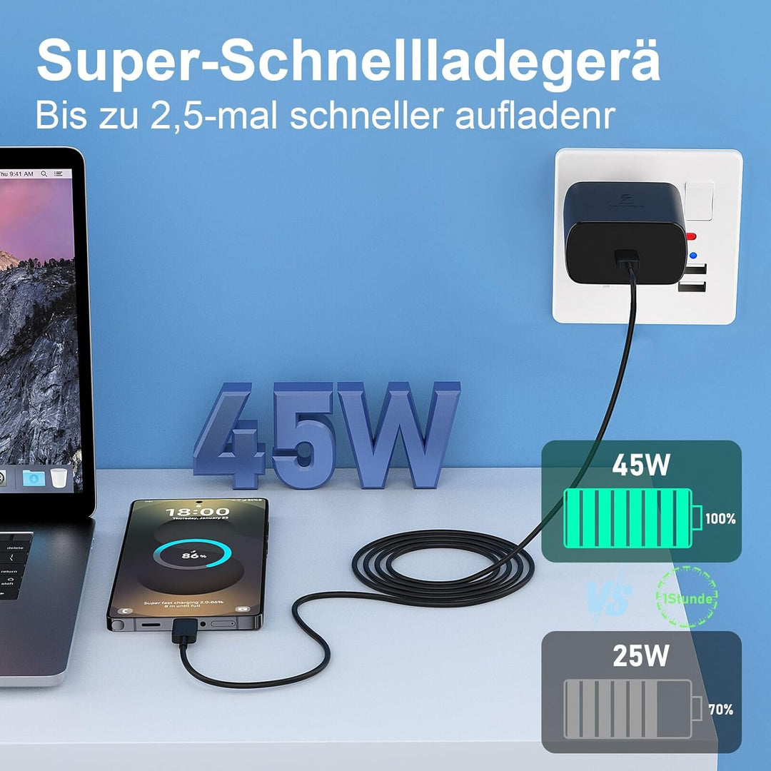 USB C Ladegerät 45W Schnellladegerät mit USBC Kabel Super Schnellladen Ladekabel Typ-C Netzteil mit