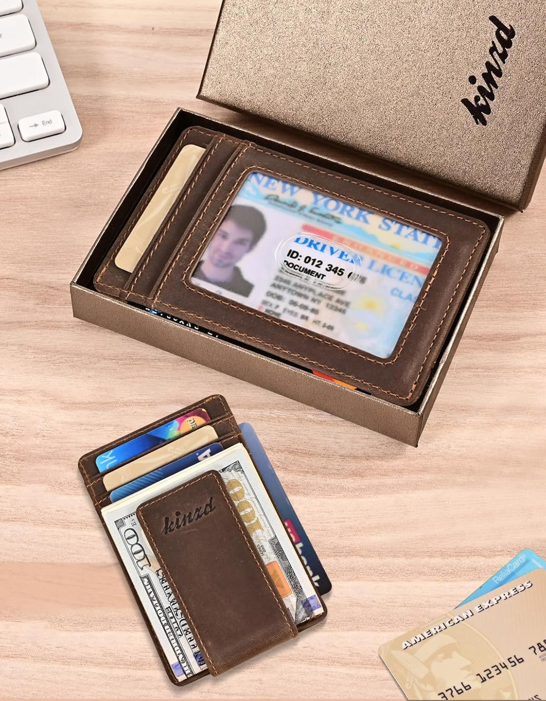 Geldbörse mit Geldklammer und starkem RFID-blockierendem Magneten, dünn, aus Leder - - Einheitsgröss