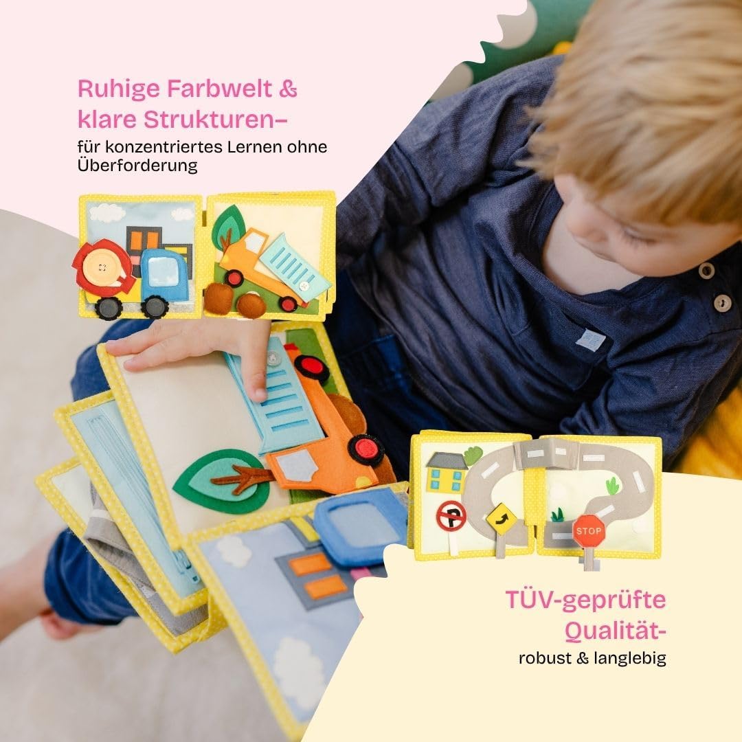 Jolly Designs Mini Quiet Book Mein erster Bagger – Montessori Spielzeug ab 18 Monaten – Busy Book &