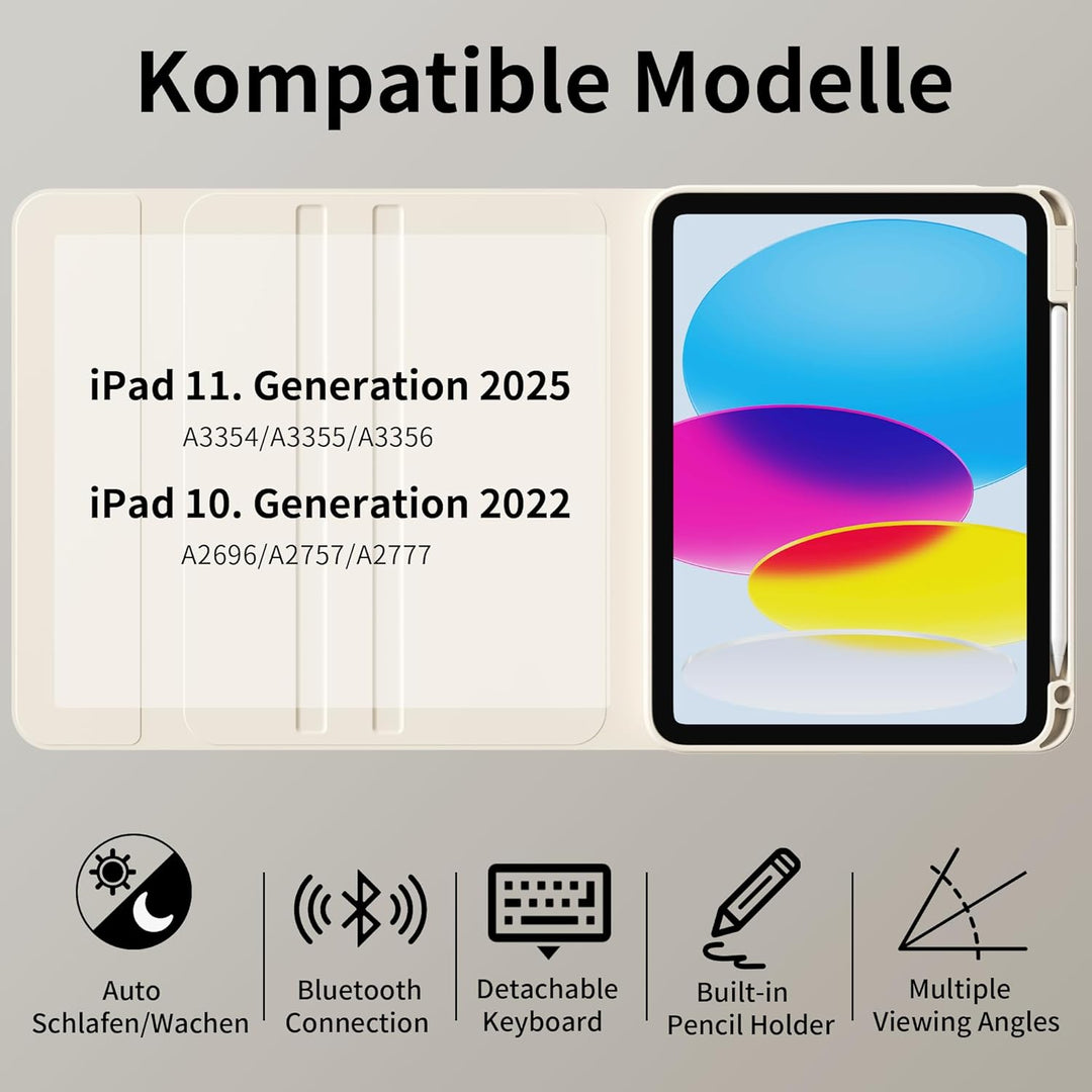 Hülle mit Tastatur für iPad 11 Generation (A16) 11 Zoll 2025/10 Generation 10.9 Zoll 2022, 360°-Dreh