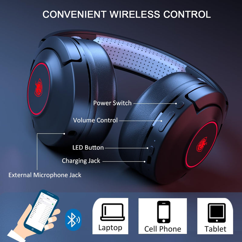 YOTMS Gaming Headset für PS5, PS4, PC, 2-IN-1 Bluetooth Over-Ear-Kopfhörer mit Mikrofon, LED-Licht,