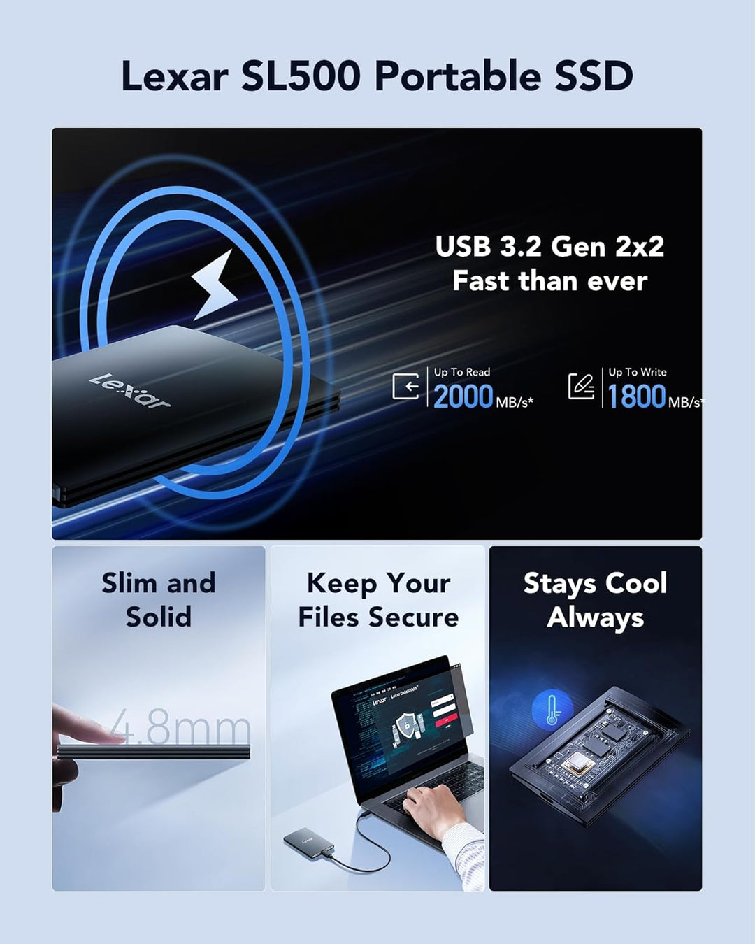 Lexar Externe SSD 4TB, USB 3.2 Gen2x2 Portable SSD, bis zu 2000 MB/s Lesen, 1800 MB/s Schreiben, Tra