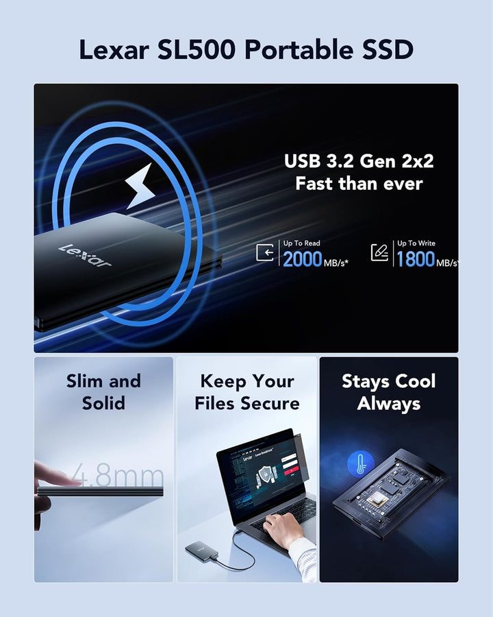 Lexar Externe SSD 4TB, USB 3.2 Gen2x2 Portable SSD, bis zu 2000 MB/s Lesen, 1800 MB/s Schreiben, Tra