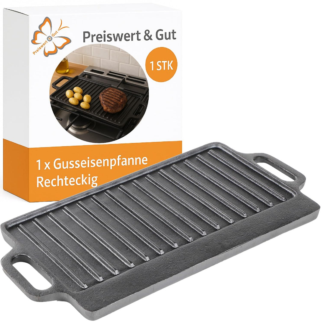 Gusseisenpfanne Grill rechteckig 40 x 20,5 cm massiv 2,7 kg mit Griffen BBQ | Grillplatte aus Gussei