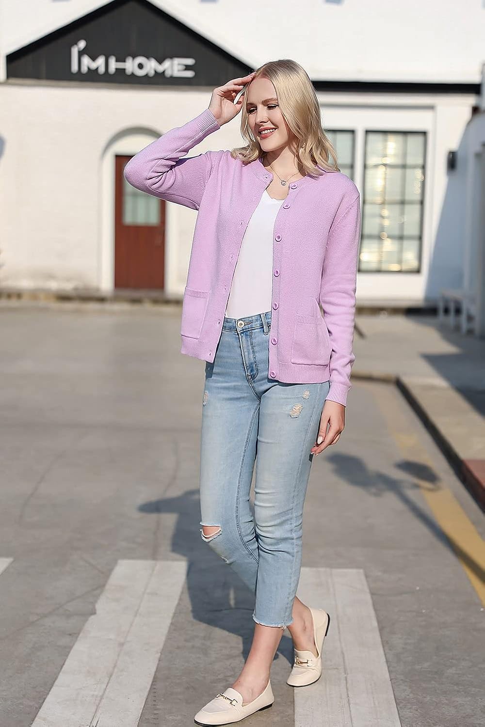 SMILING PINKER Damen Strickjacke Langarm Cardigan Warm Rundhals Strickweste Jacke mit Knopfleiste un
