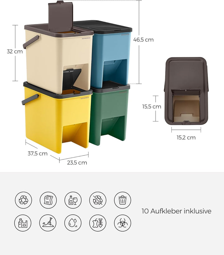 SONGMICS Mülleimer Küche, 4er Set Abfalleimer, Mülleimer stapelbar, je 20 L, Mülltrennsystem, Klappd