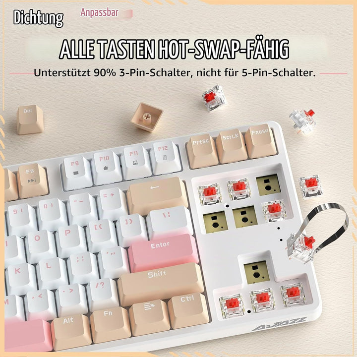 A.JAZZ AK871 Kabellose Gaming-Tastatur 75%, Bluetooth/2,4 GHz Wireless Dual-Modi, TKL 80% Mechanisch