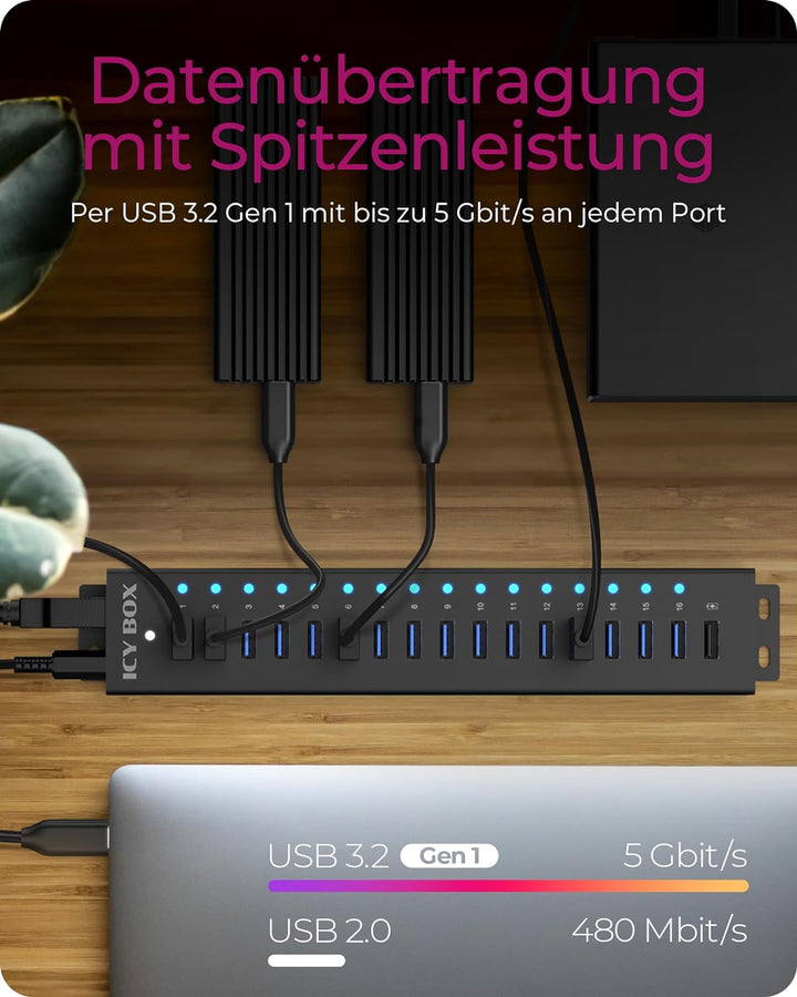 ICY BOX USB HUB (17 Ports) 16x USB & 1x USB Laden, USB 3.2 Gen 1 (5 Gbit/s pro Port), mit 96W Netzte
