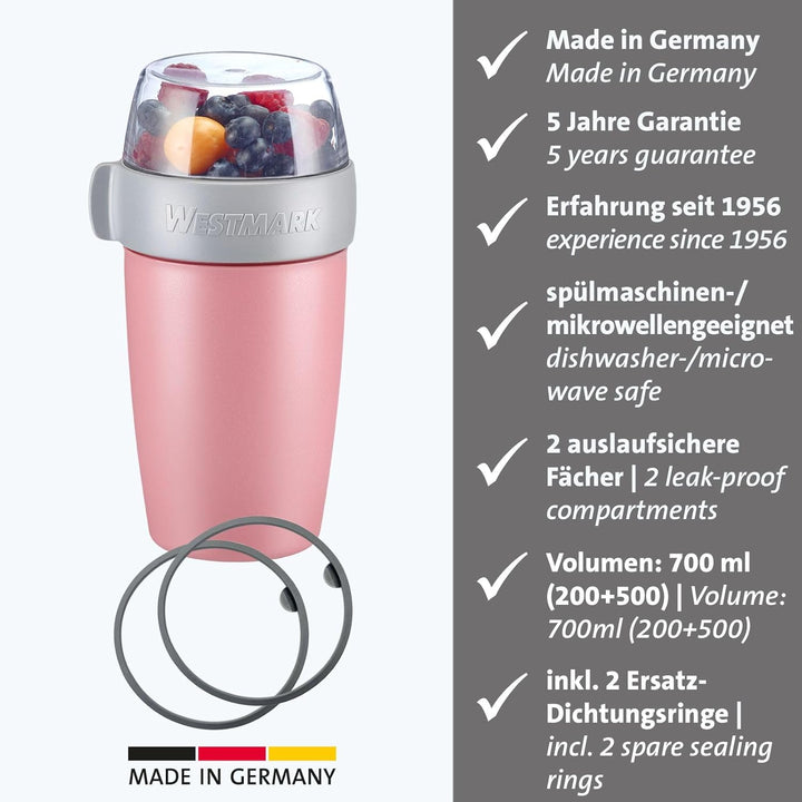 Westmark Müslibecher/Lunchpot Set – 2 auslaufsichere Fächer: 200 ml +500 ml, 2 Ersatzdichtungsringe,