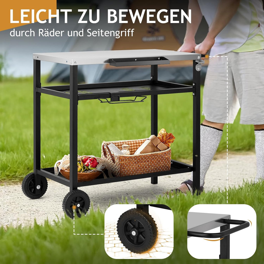LEADZM Grillwagen - Grilltisch Outdoor, 97 x 51x 83 cm, Schreibtisch aus Edelstahl Silber,Mit Rädern