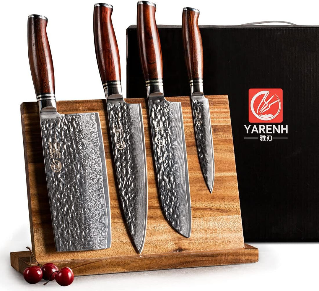 YARENH Damastmesser Set 5 er, Scharfe Messer aus 73 Lagen Damaststahl Klinge und Holzgriff, Messer S