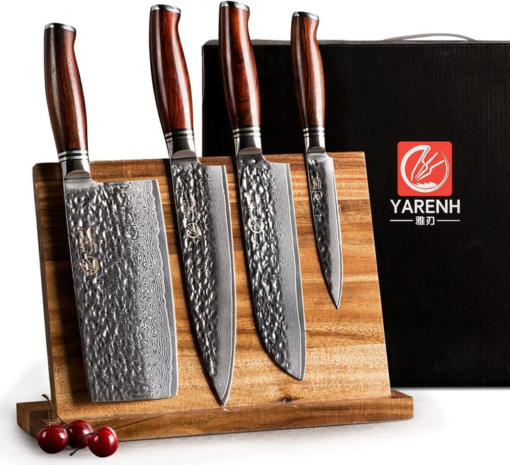 YARENH Damastmesser Set 5 er, Scharfe Messer aus 73 Lagen Damaststahl Klinge und Holzgriff, Messer S