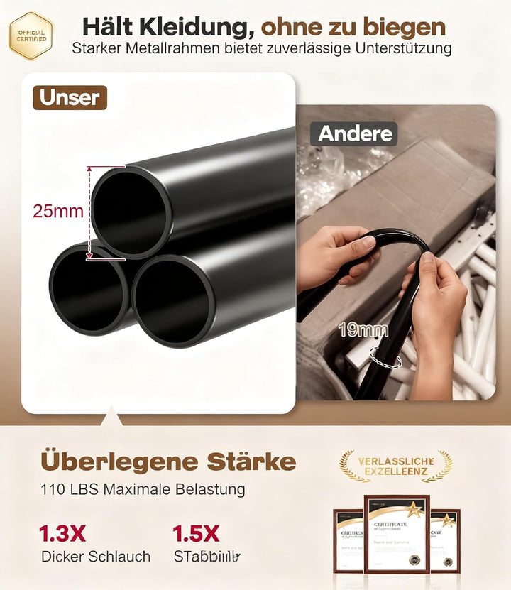 MISSLO Kleine Kleiderstange auf Rollen, Schmal Kleiderständer mit Ablagen, 152 cm Metall Garderobens