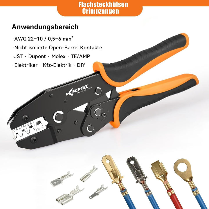 KF CPTEC Open-Barrel Crimpzange AWG 22–10 (0,5–6 mm²) für nicht isolierte Kabelschuhe & Flachstecker