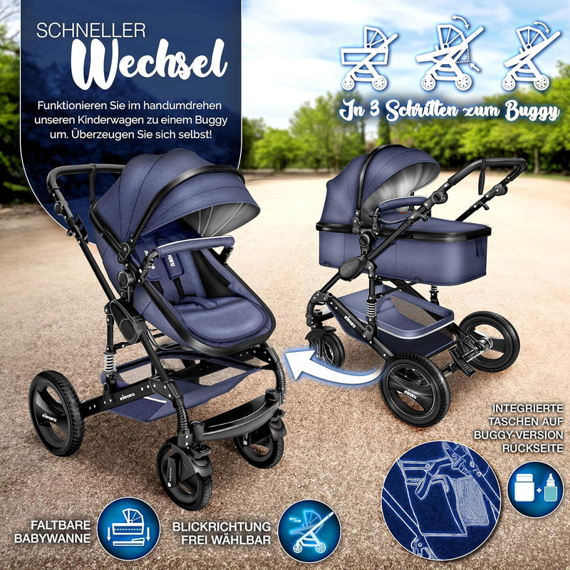 KIDUKU® 3 in 1 Kinderwagen XXL Komplettset | Kombikinderwagen Set inkl. Babywanne Buggy Sportsitz &