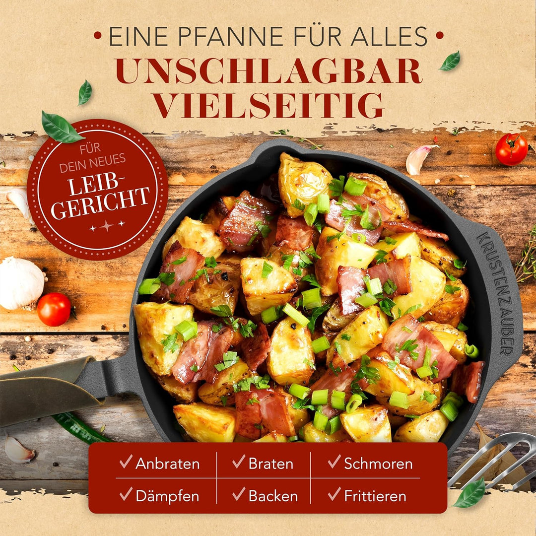 KRUSTENZAUBER Gusseisenpfanne Induktion 24cm inkl. Anleitung und Rezeptbuch - Geschliffene Pfanne Gu