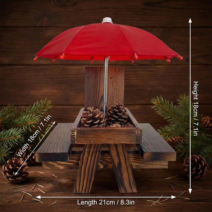 Eichhörnchen-Futterspender-Picknicktisch – Outdoor-Holzbank-Futterstation mit Regenschirm für Eichhö