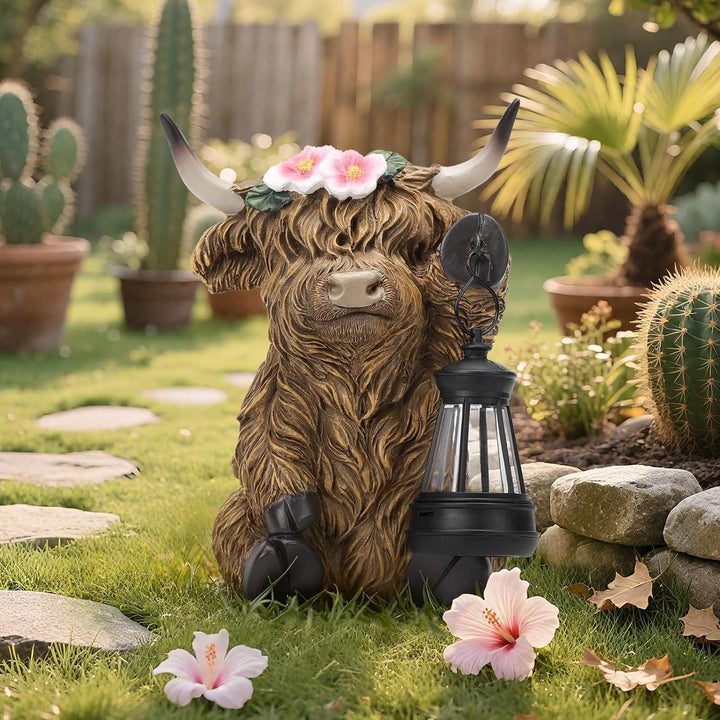 Highland Cow Kuh Figuren mit Blumen Solar Deko für Gartendeko &amp; Wohnzimmer - Solar-Laterne, Bernstei