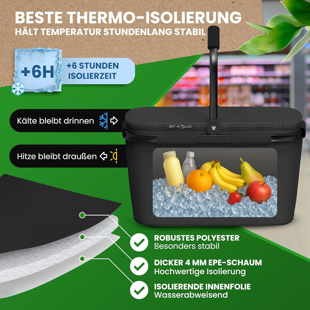 Thermo Einkaufskorb Kühltasche gross | isolierter Einkaufskorb mit Deckel, verstärktem Boden, Frontf