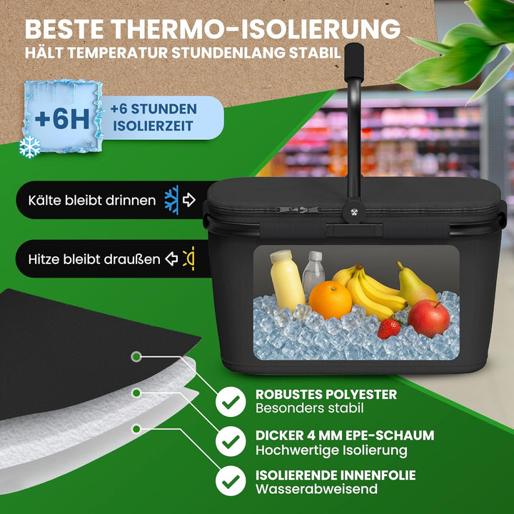 Thermo Einkaufskorb Kühltasche gross | isolierter Einkaufskorb mit Deckel, verstärktem Boden, Frontf