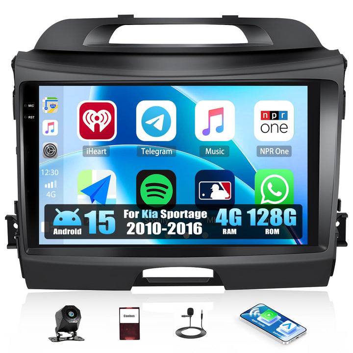 CAMECHO 4G+128G Android 15 Autoradio für Kia sportage 2010-2016 mit Carplay Android Auto,9" IPS Touc